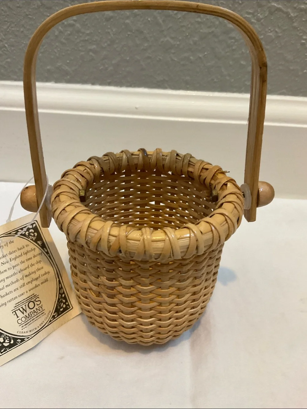 Nantucket Woven Natural Rattan Small Handled Basket - Miniature NWT